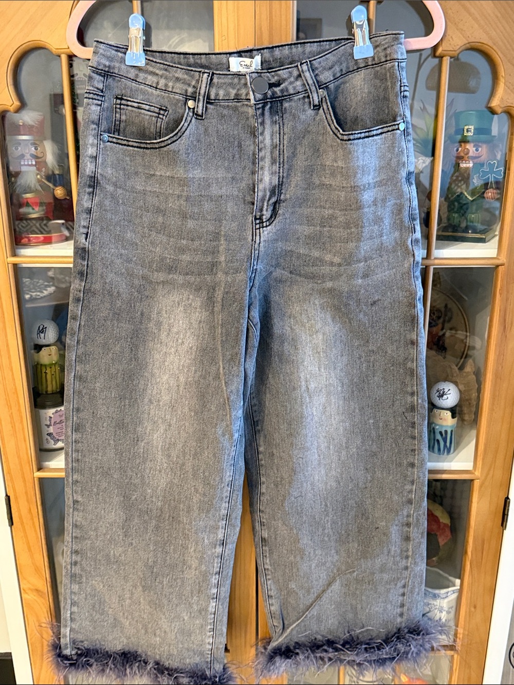 Easel  Gray Washed Jeans with Feather Hem